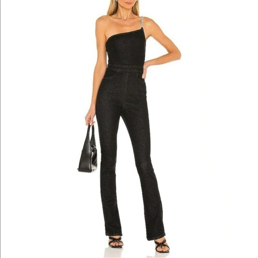 We Wore What Revolve Asymmetrical Chain Strap Denim Jumpsuit NWT Size 0